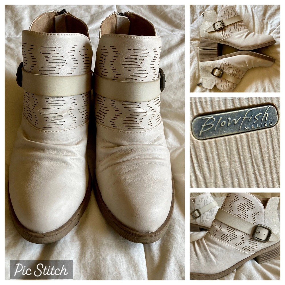 Blowfish Malibu Valari Ankle Boot W 8.5 Lasercut Detail Metallic Pops Bone Beige